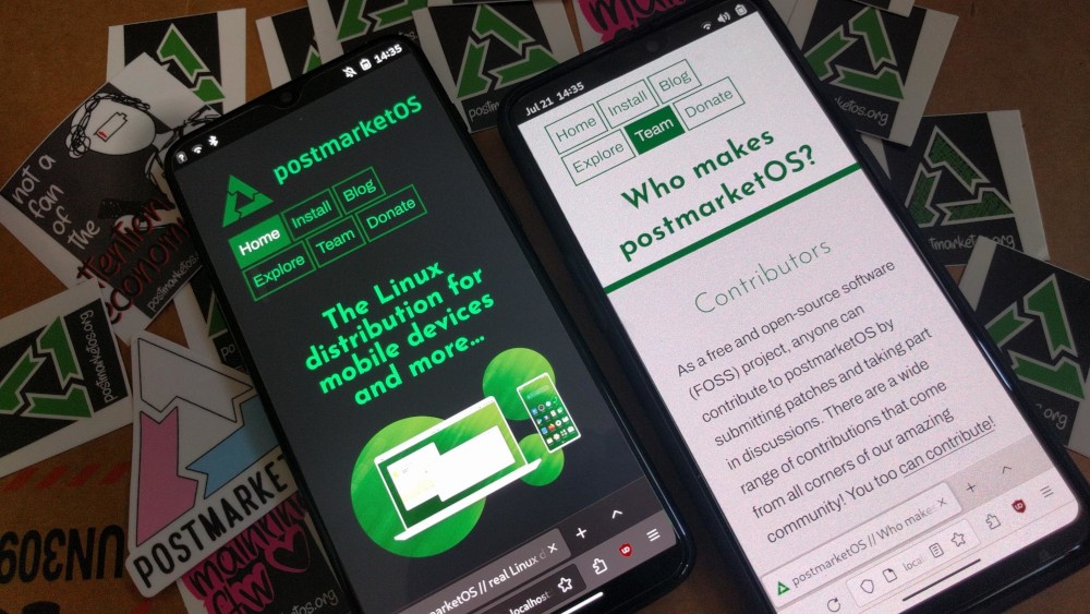 The new postmarketOS homepage design on OP6 and OP6T