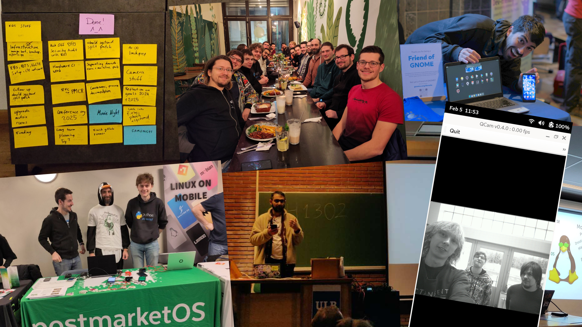 A collage of photos from FOSDEM + the hackathon