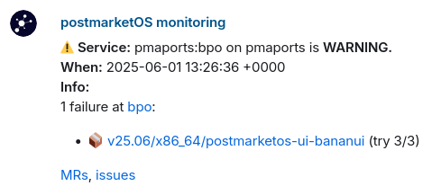 postmarketOS monitoring showing a matrix message with one failed build