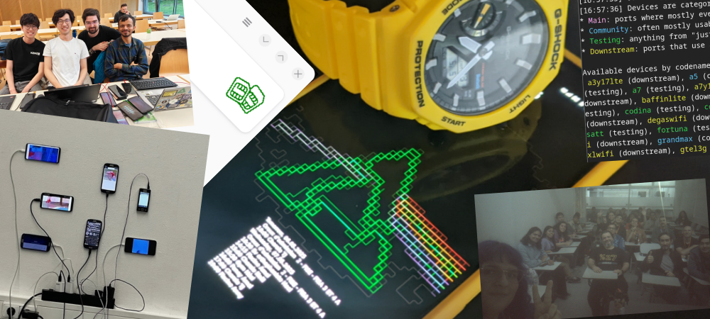 a collage of photos from events, screenshots from the esim manager app and pmbootstrap and the sxmo + gshock watch