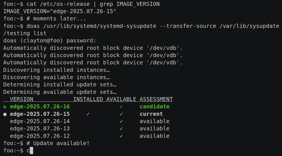Terminal showing sysupdate list running on postmarketOS