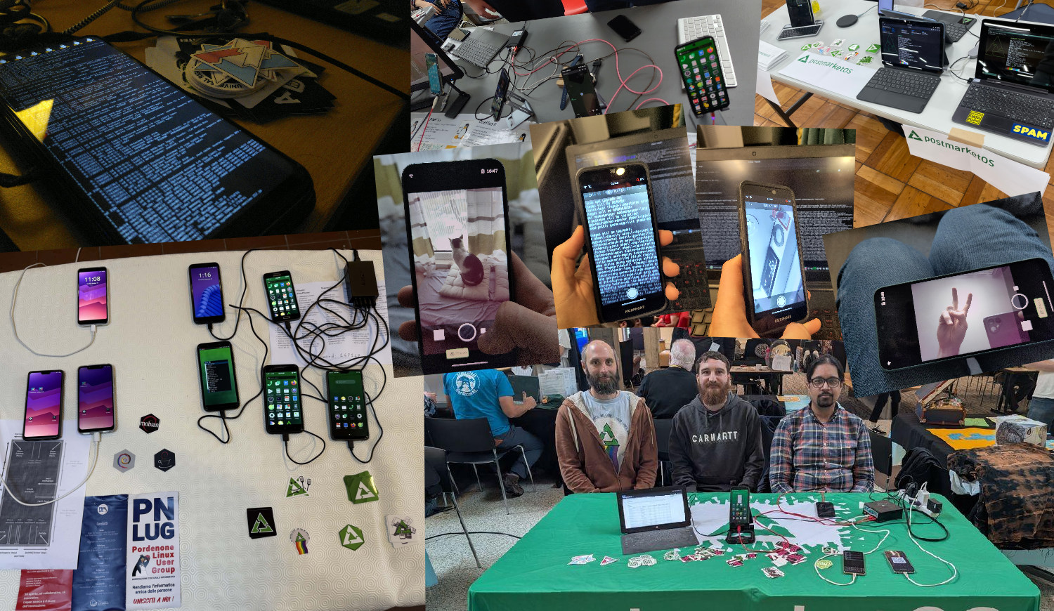 A photo collage of postmarketOS represented at various events and mainline / camera work