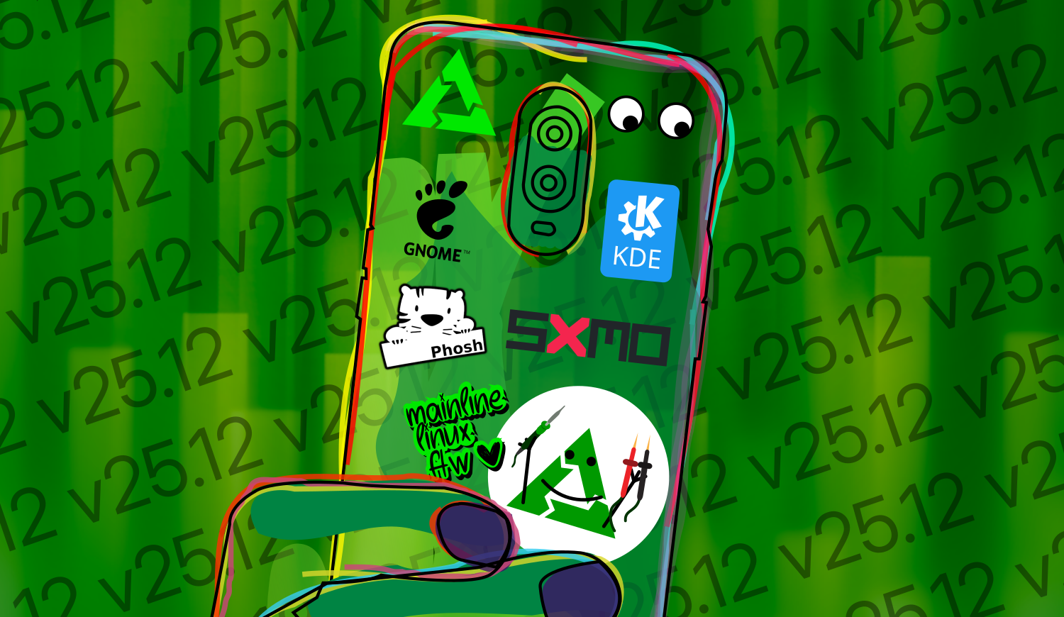 a stylized OP6T backside with stickers for pmOS, GNOME, KDE, Phosh, Sxmo, mainline linux ftw and eyes