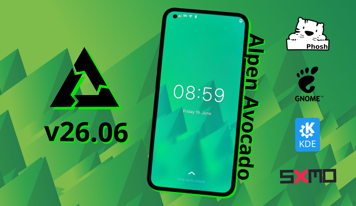 a nothing phone 1 showing the Phosh lockscreen on top of the new wallpaper, with Phosh, GNOME, KDE, Sxmo logos