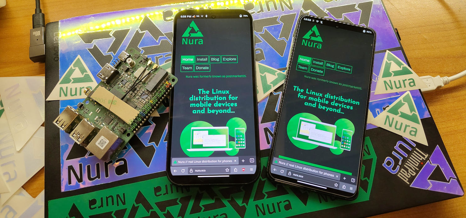 Radxa Dragon Q6A, Fairphone 5 and Motorola Edge 30 on top of a Nura-stickered laptop
