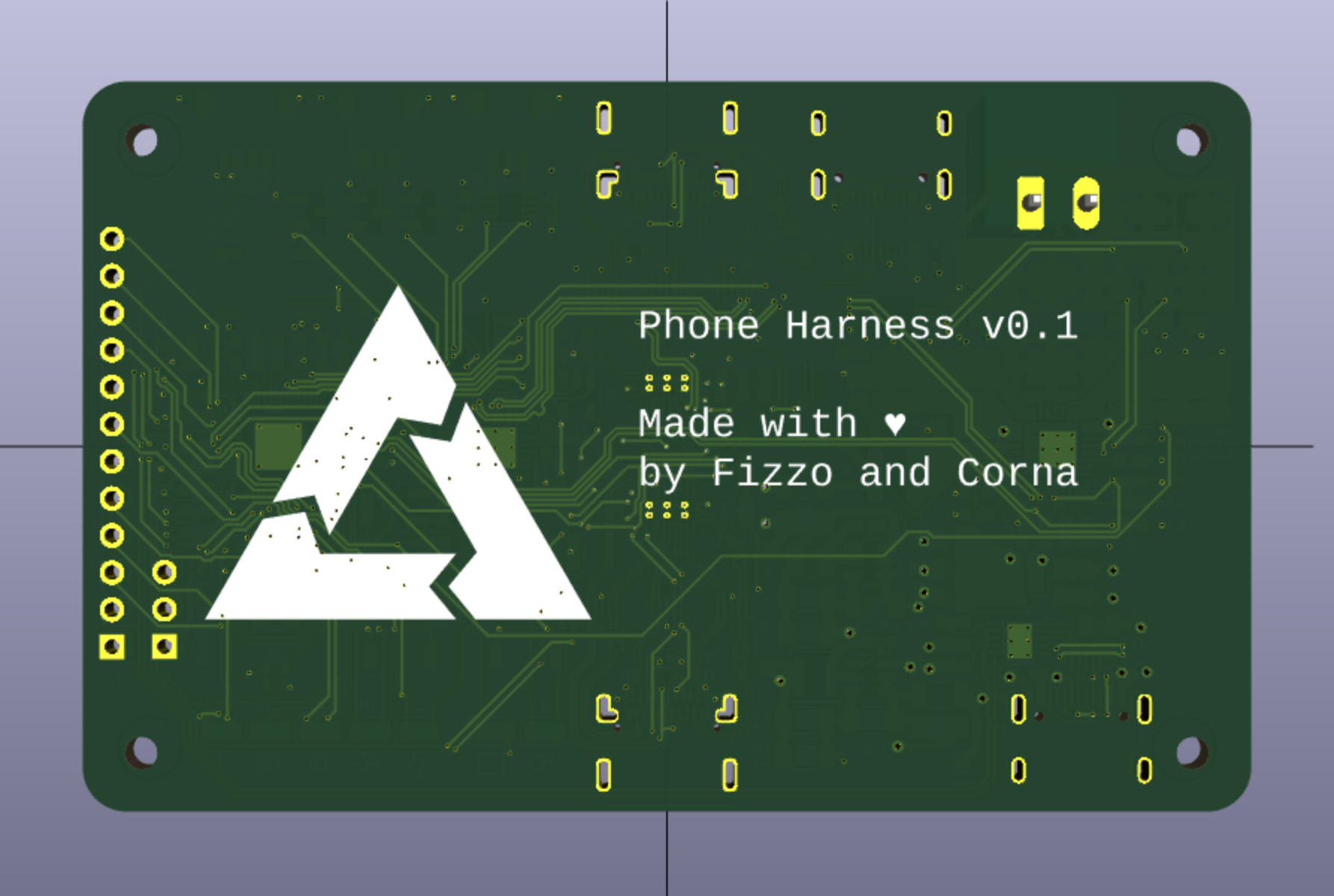 A screenshot of the rendered back of v0.1 from the PCB designed by fizzo and ncorna