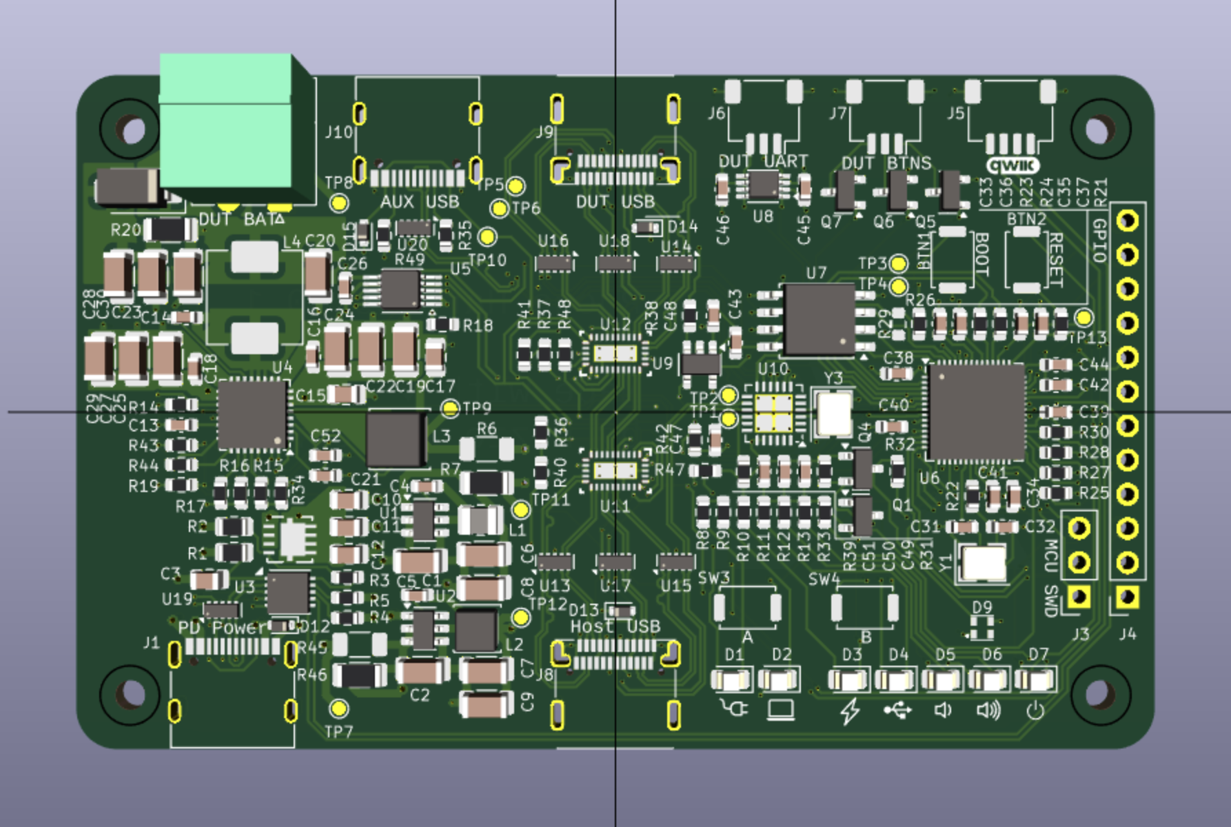 A screenshot of the rendered front of v0.1 from the PCB designed by fizzo and ncorna